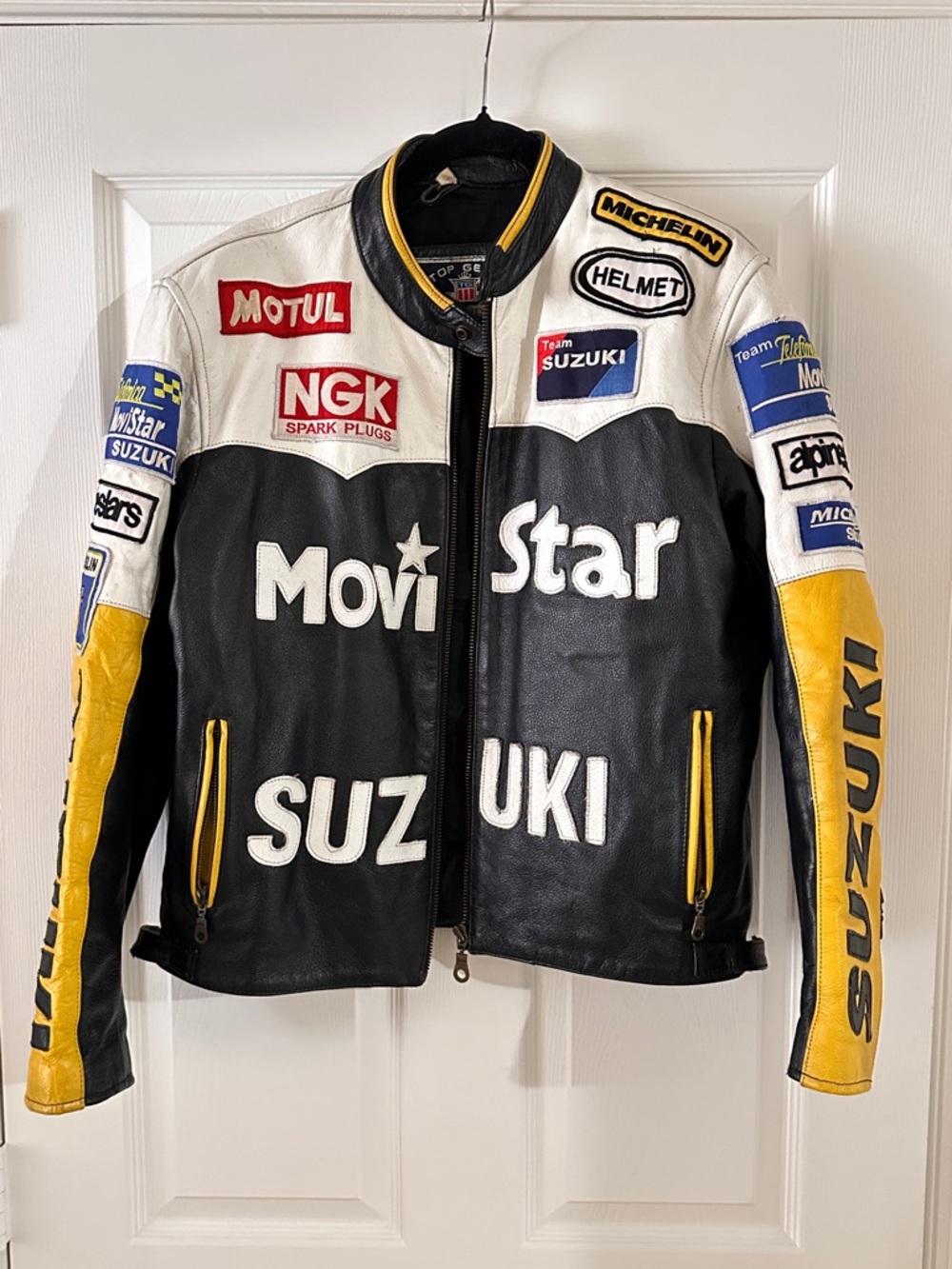 Vintage Movistar Black & White Suzuki Leather Motorcycle Jacket